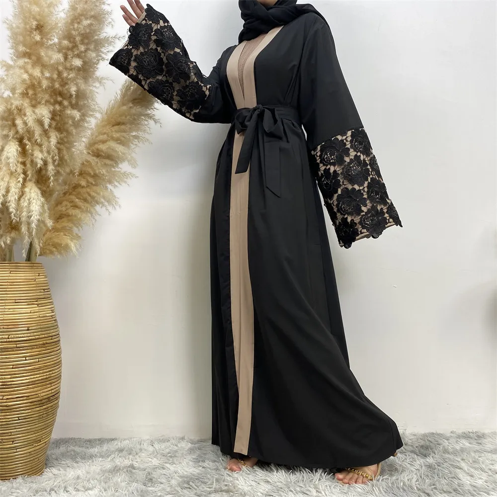 Czarna koronkowa Eid Ramadan muzułmańskie kobiety ubierają dubaj turcja Kaftan otwarta Abaya kardigan kimono islamska odzież arabska szata Jalabiya