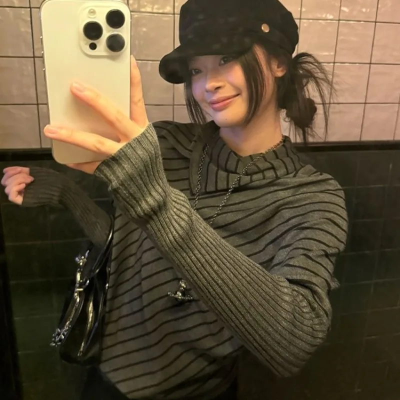 

Deeptown Japanese 2000s Striped Knitted T-shirts Women Vintage Harajuku Batwing Sleeve Gothic Y2k Turtleneck Tops Asymmetrical
