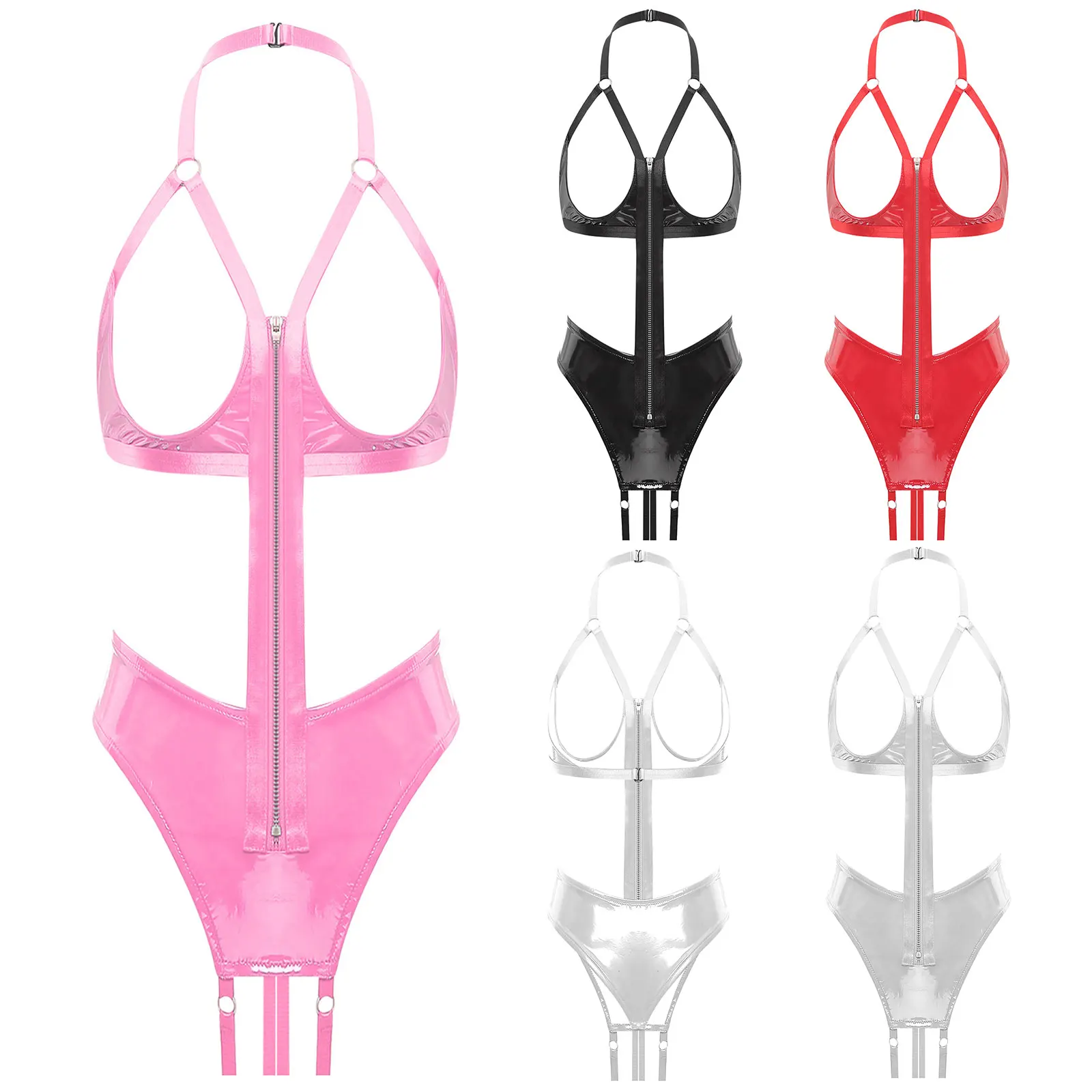 Kobiety seksowna bielizna ze skóry lakierowanej body z wycięciem w kroku wyglądające na mokre wycięcie stringi wiązane na szyi Naughty Romper Rave strój do klubu nocnego