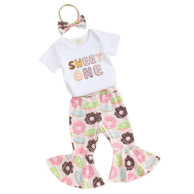 

Baby Girl Birthday Outfits Short Sleeve Romper Elastic Waist Donut Print Flare Pants Headband Toddler 3 Piece Summer Set