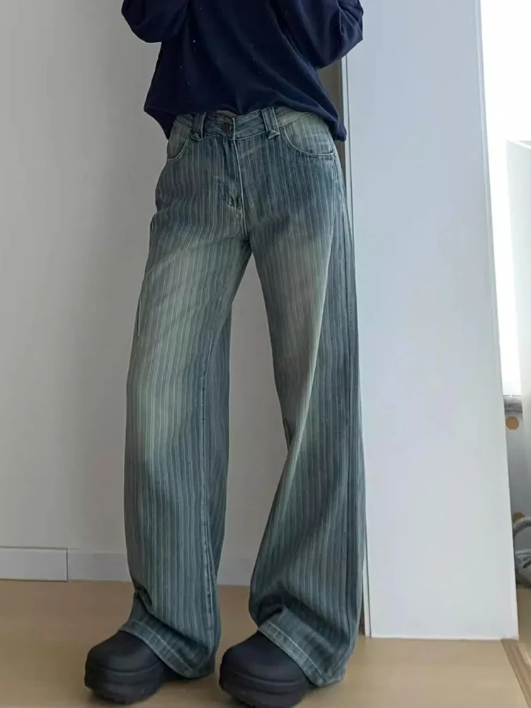Women Streetwear Striped Jeans Vintage High Waist Design Y2K Denim Pant Casual American Hip Hop Harajuku Wide Leg Trousers Fall