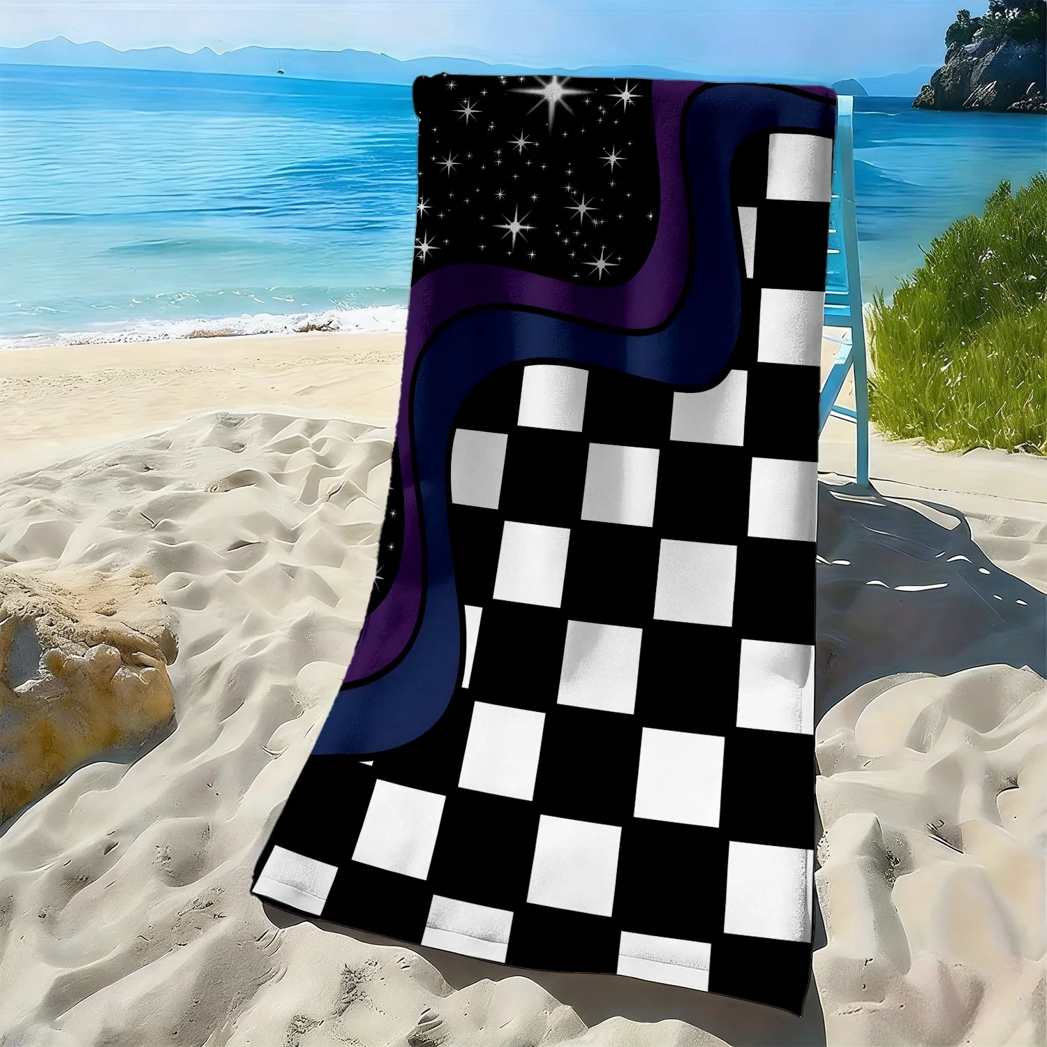 

Black and white checkered starry sky polyester microfiber beach towel is highly absorbent, suitable swimming and beach outings