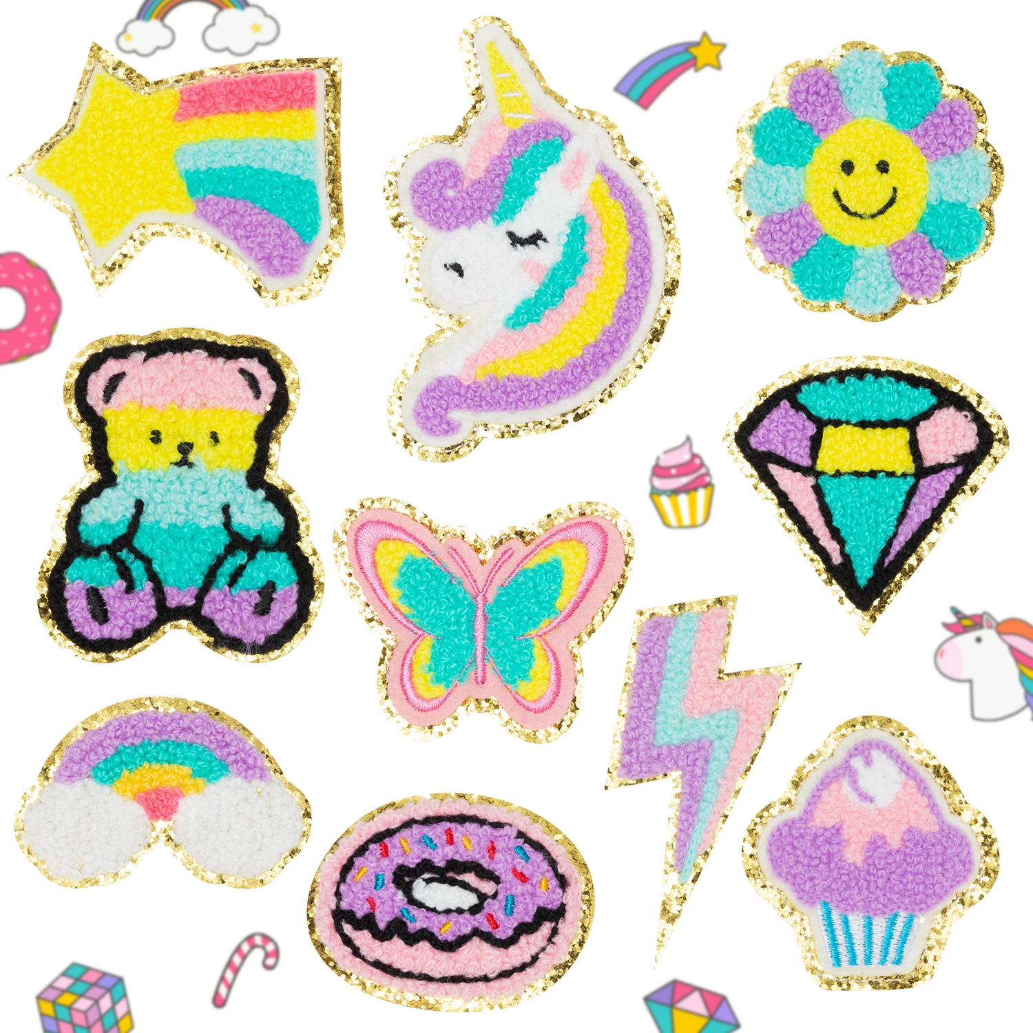 10Pcs Colorful Chenille Cloth Patches Cute Unicorn Butterfly Bear Embroidered Knee Patches DIY Accessory For Backpack Clothes Dr