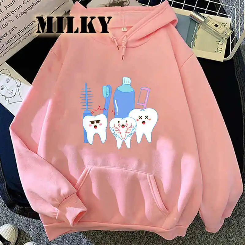 90s Crewneck Hoodie Tooth Dentist Pattern Cartoons Sweatshirts Kawaii Aesthetic Print Fleece Hoody Aesthetic Women Funny Sweater