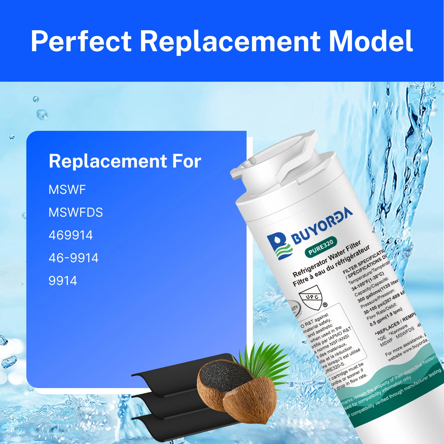 فلتر مياه بديل لثلاجة MSWF متوافق مع for GE MSWF 101820A 101821B RWF1500A, ترشيح عالي الجودة لتقليل PFAS والرصاص
