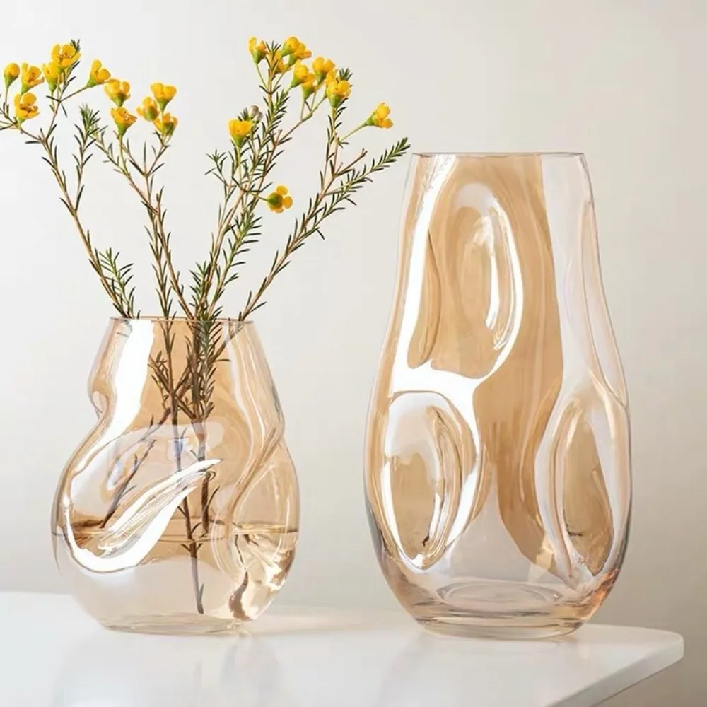 Irregular Shape Amber Glass Vase Creative Twisted Transparent Flower Container Desktop Centerpiece Living Room Home Table Decor