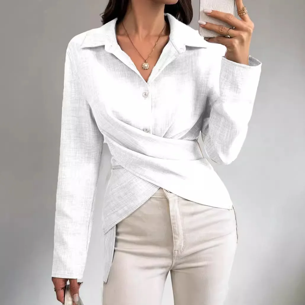 Women's Blouse New 2024 Autumn Simple Fashion Versatile Waist Collection Solid Y2k Shirt V-Neck Long Sleeves Tops for Female