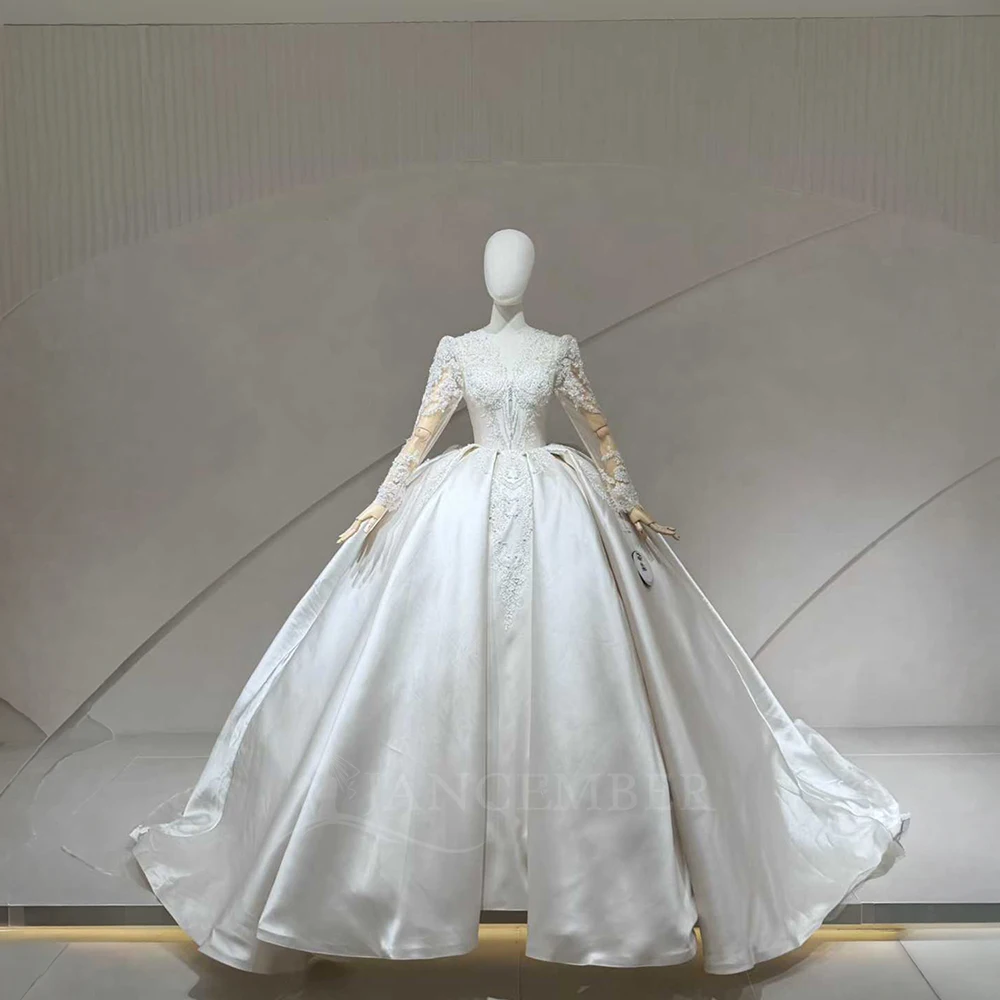 Ball Gown Wedding Dress Customized V-neck Long Sleeves Pearls Pleat Corset Bridal Gown for Bride Robe De Mariee Sweep Train
