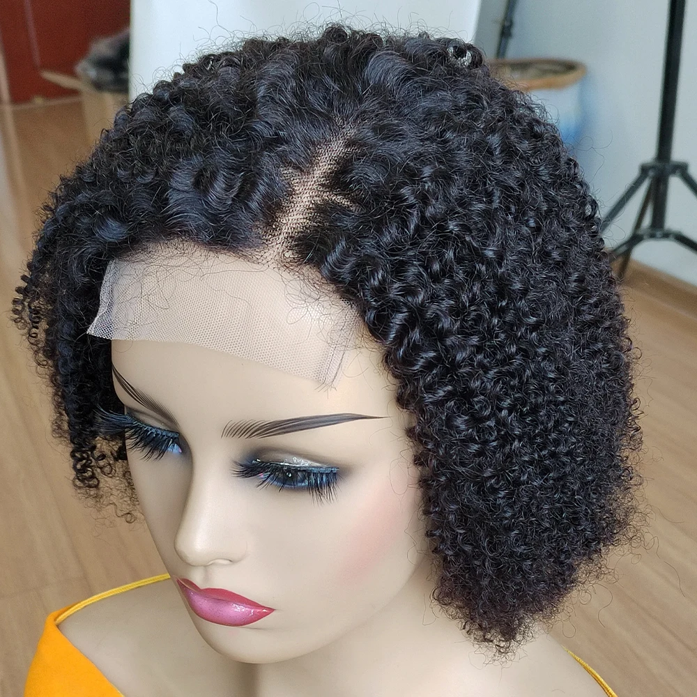 4C Kinky Edges Jerry Curly 4x4 Closure Lace Wig Side Part 100% Human Hair Pre-Plucked Short Bob Lace Front Wig