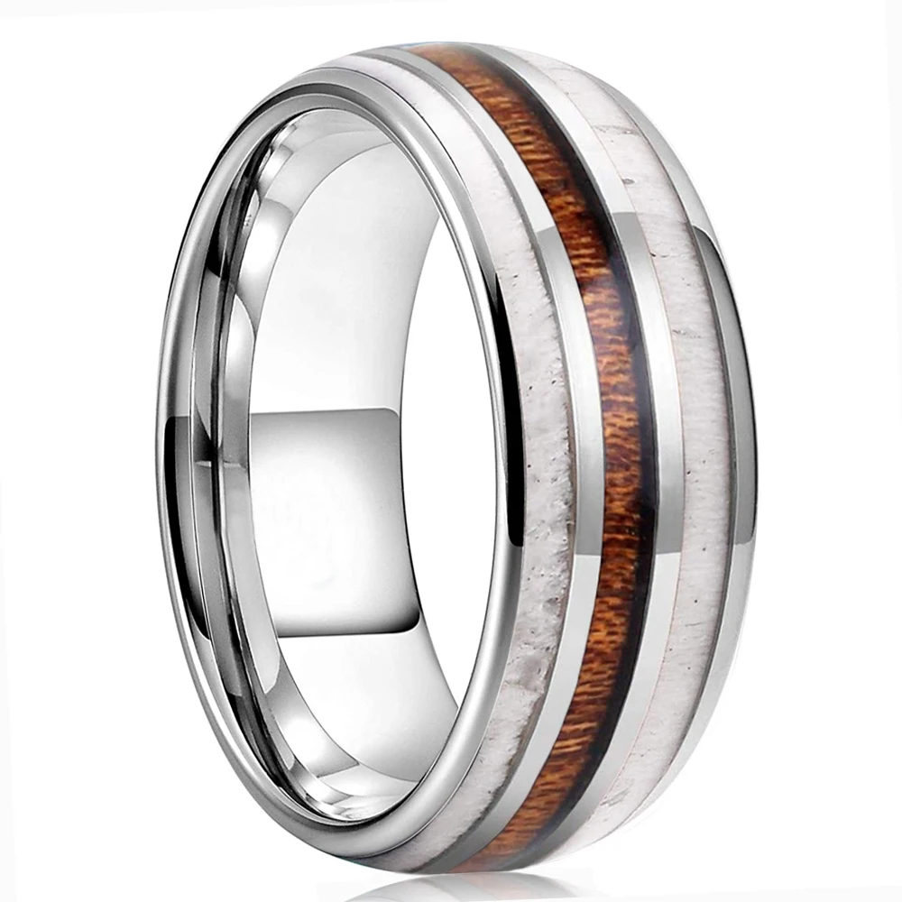 Fashion Silver Color Men's Stainless Steel Rings Koa Wood Deer Antler Inlay Dome Engagement Rings For Men Women Wedding Jewelry