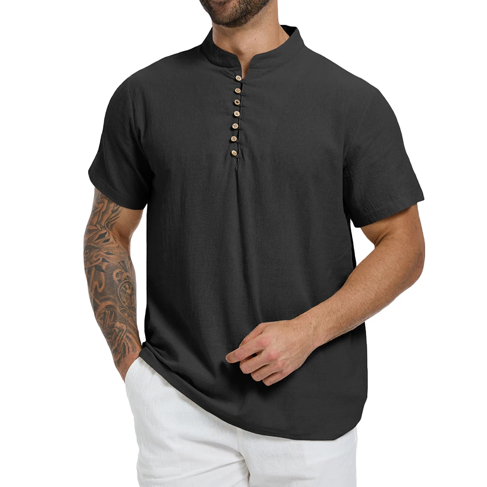 Sommer-Herren-T-Shirt, einfarbig, halb geknöpft, Henley-Ausschnitt, lässige Kurzarm-Oberteile, Baumwolle, Leinen, bequem, leicht, klassische T-Shirts – Detail 9