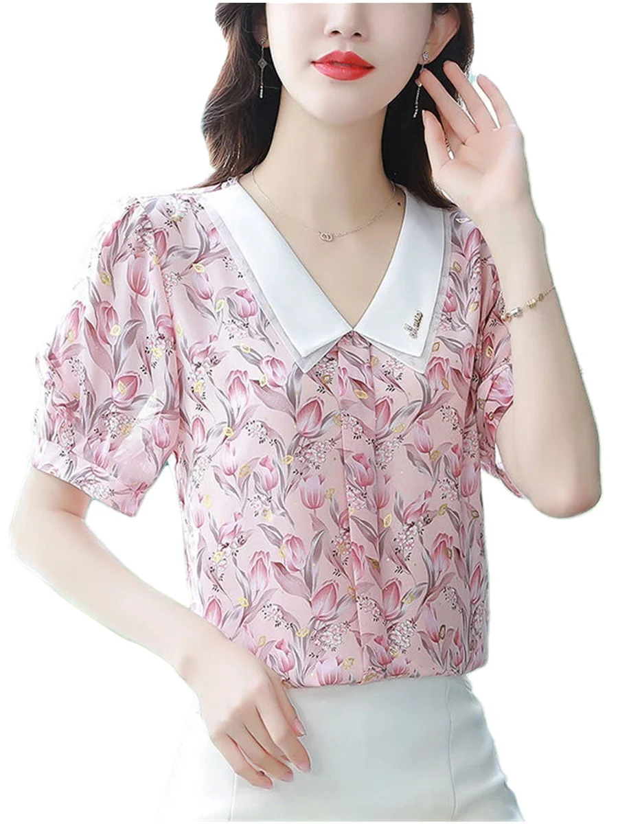 

4XL Women Spring Summer Blouses Shirts Lady Fashion Casual Half Sleeve Turn-down Collar Flower Printing Blusas Tops G2177