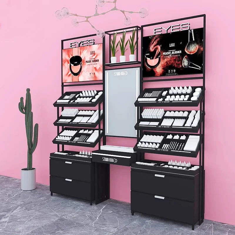 custom.Modern Black Wooden Double-Sided Cosmetic Gondola Shelf Shop Makeup Display Stand Rack Lipstick Floor Table Cosmetic