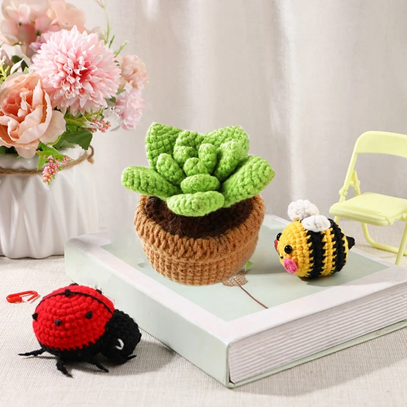 DIY Crochet Plants Kit With Hand Knitting Yarn Needles Plush Doll Easy For Starter Includes Enough Yarn Hooks Easy Install