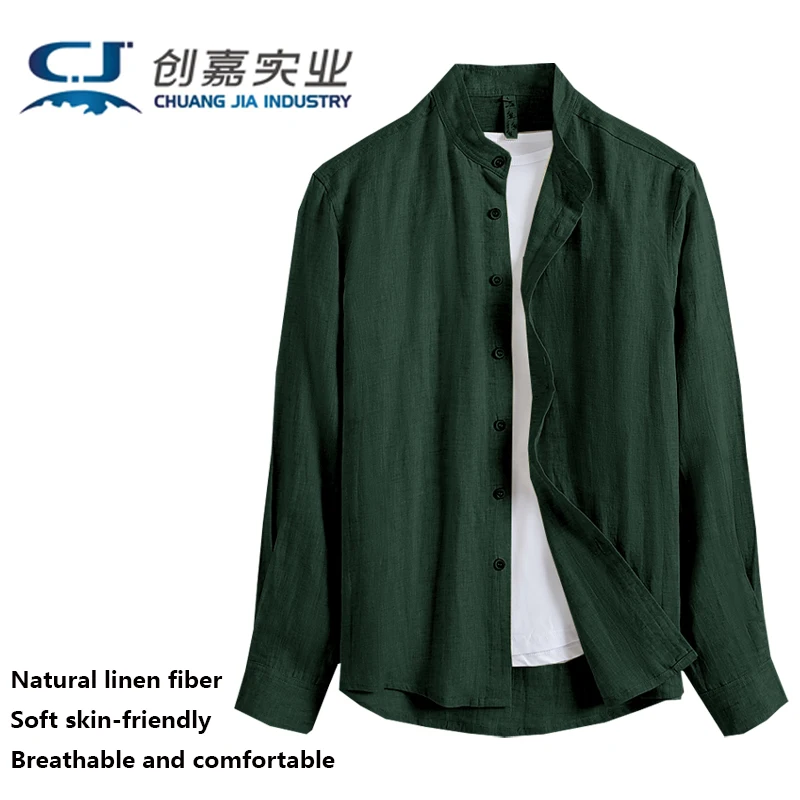 Spring and Summer New Men's Linen Shirt Casual Loose Solid Color Stand Collar Long Sleeve Hemp Cloth Clothes Large Size Fat Man