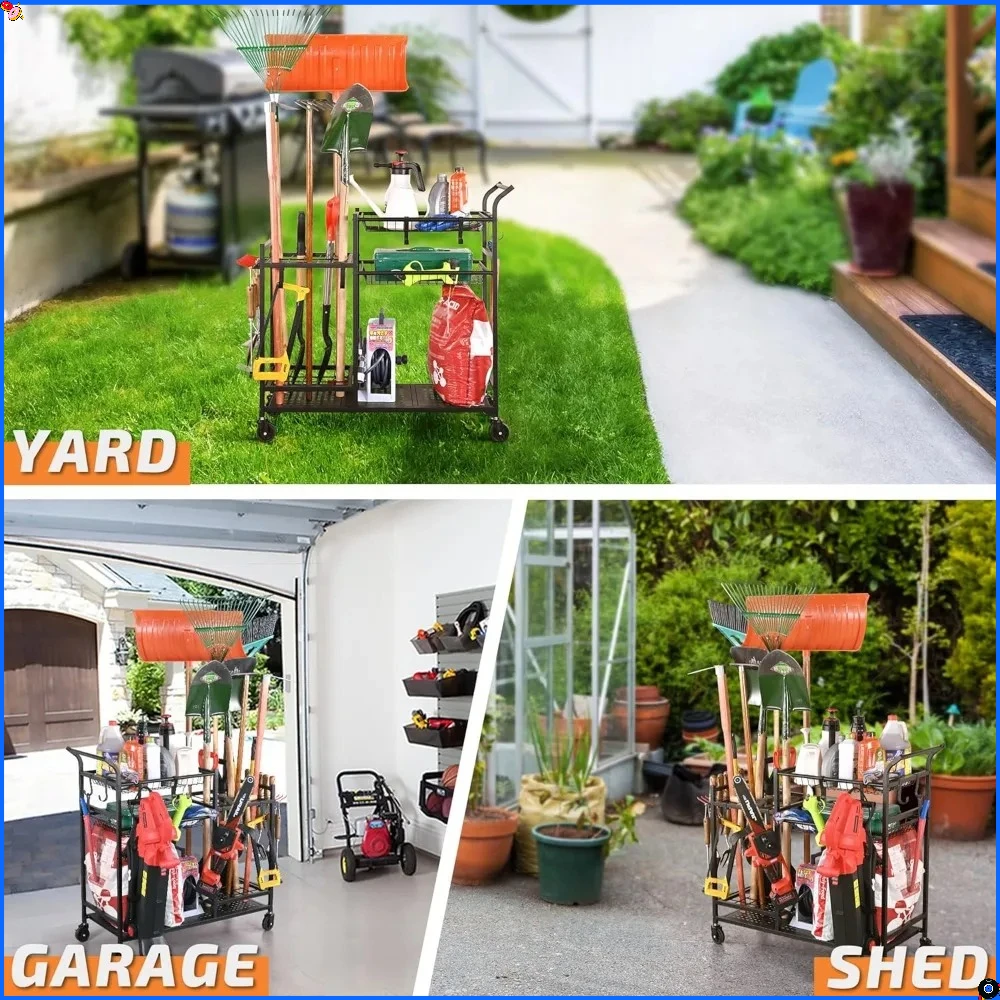 منظم أدوات الحديقة بعجلات - يحمل مكابس، مجرفة، سماد، 15.8 بوصة عمق × 44 بوصة عرض × 39.8 بوصة ارتفاعًا
