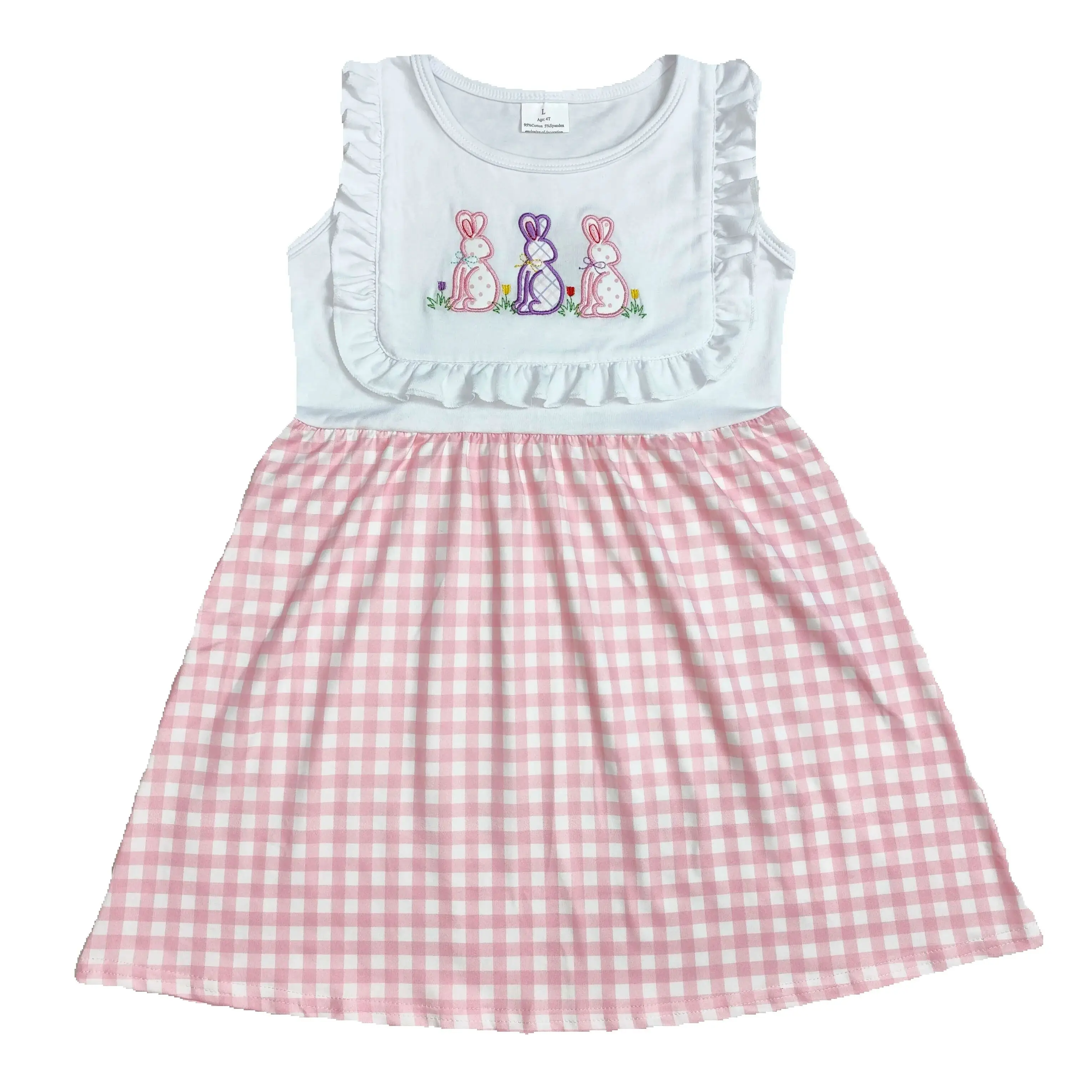

GSD1696 Embroidery Baby Girls Easter Rabbits Pink Checkered Knee Length Dresses