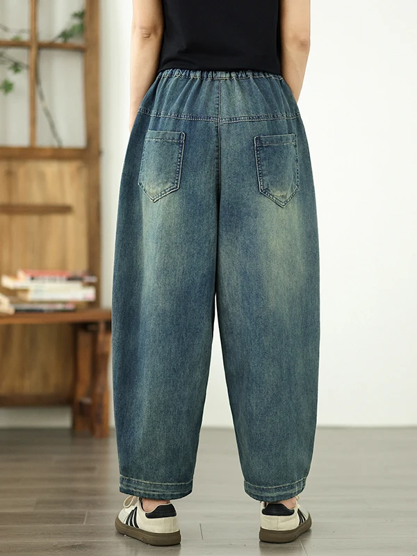 Loose Fit Embroidered Denim Jeans Women's Summer Thin Style Dad Pants Carrot Shape Nine Points Trendy Blue Natural Waist