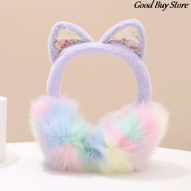 Winter Plush Earmuffs Shiny Sequins Earflaps Foldable Warm Ear Muffs Rainbow Color Outdoor Skiing Ear Protection Soft Furry