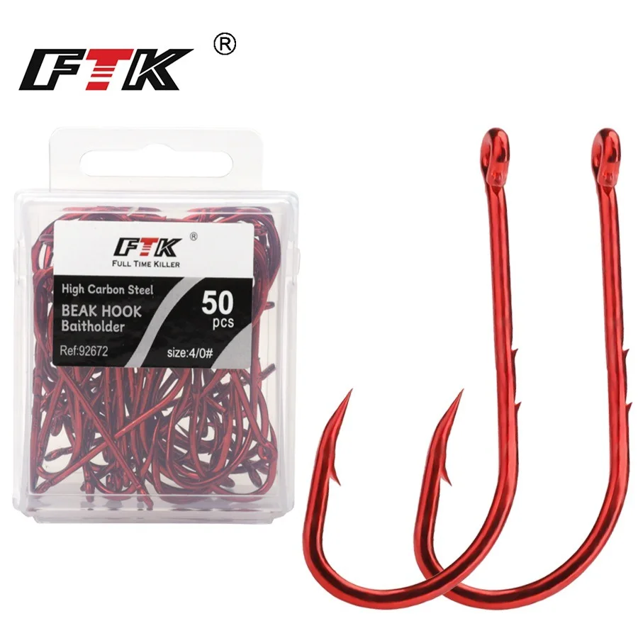 

50pc FTK Red Fishing Shank Hook Red Baitholder Fishing Hooks Worm Baits Hook High Carbon Steel Bream Cod Surfperch for Sea Bass