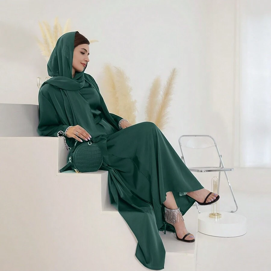 1pc Satin Long Robe Wrap With Delicate Crystal Decorated Sleeves, Enhancing Your Look And Perfect For Any Occasion