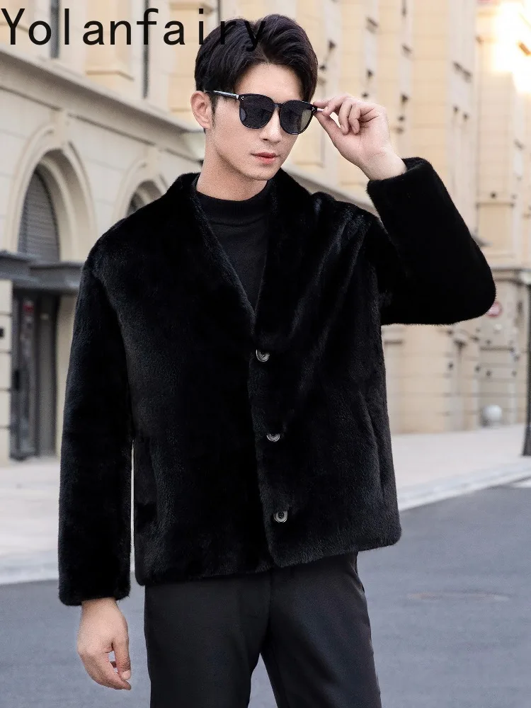 YOLANFAIRY Natural Fur Coat Men Clothing Luxury Winter 2025 Fashion V-neck Whole Mink Fur Jackets for Man Black Fur Coats Slim