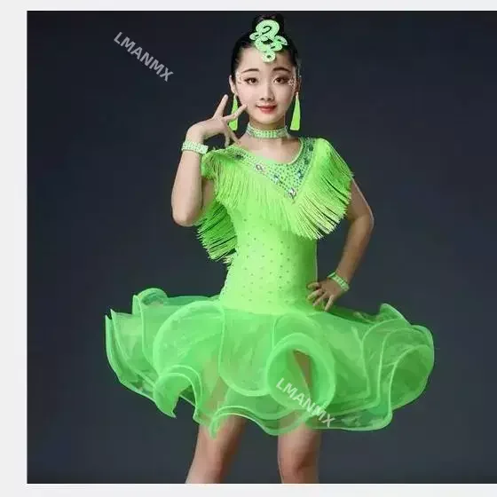 Tassels Girls Ballroom Latin Dance Clothes Kids Salsa Performance Costumes Girls Sequined Figure Skating Dress Rave Outfits