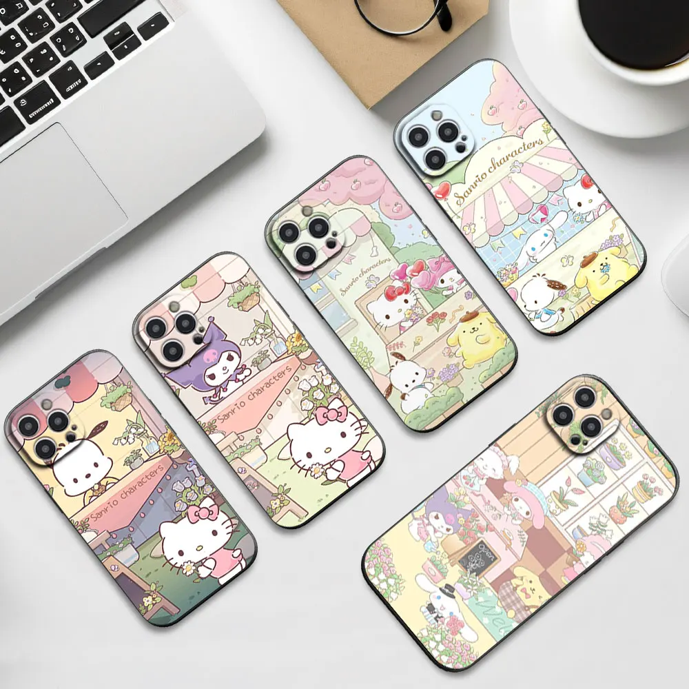 

MINISO Florist sanrio Cute Phone Case For iPhone 16 11 12 13 14 15 Pro Max Plus Black Soft Shell