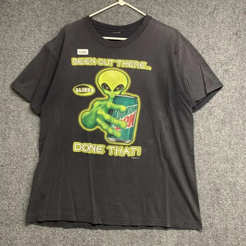 Camiseta vintage Mountain Dew tamanho adulto extra grande cinza manga curta masculina dos anos 90