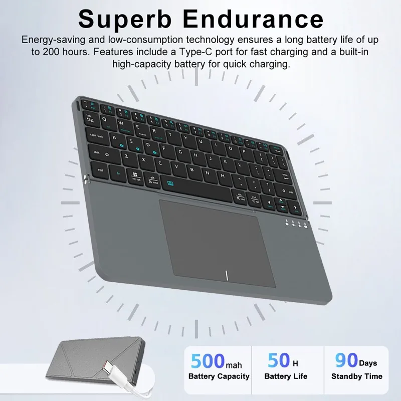 Multi-functional Wireless Bluetooth 5.0 Folding Keyboard for Tablet/Phone/PC Detachable Leather Stand Touch Portable Keyboard