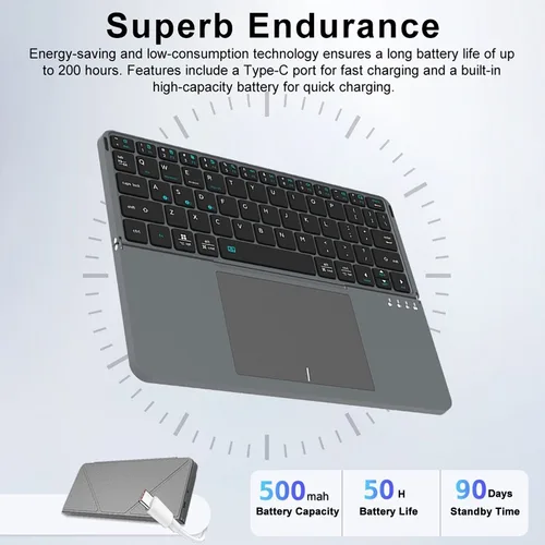 Imagen 2 del producto Teclado plegable inalámbrico multifuncional Bluetooth 5,0 para tableta/teléfono/PC soporte de cuero desmontable teclado portátil táctil
