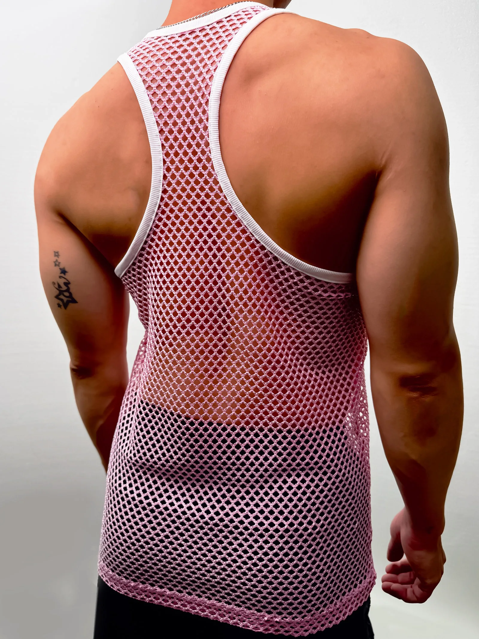 Sommer Herren Casual Mesh Netz Tanktop Racerback Ärmelloses Shirt Muskel-Sportweste Bunte Linien Glänzend Transparent Party Alltagskleidung – Detail 14