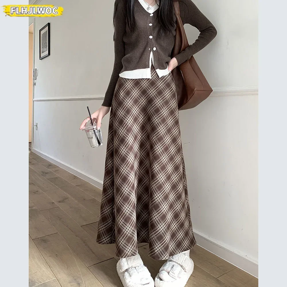 Autumn Winter New Year Date Girls 2024 Preppy Style Japan Girls Women Retro Vintage Long Plaid Skirts