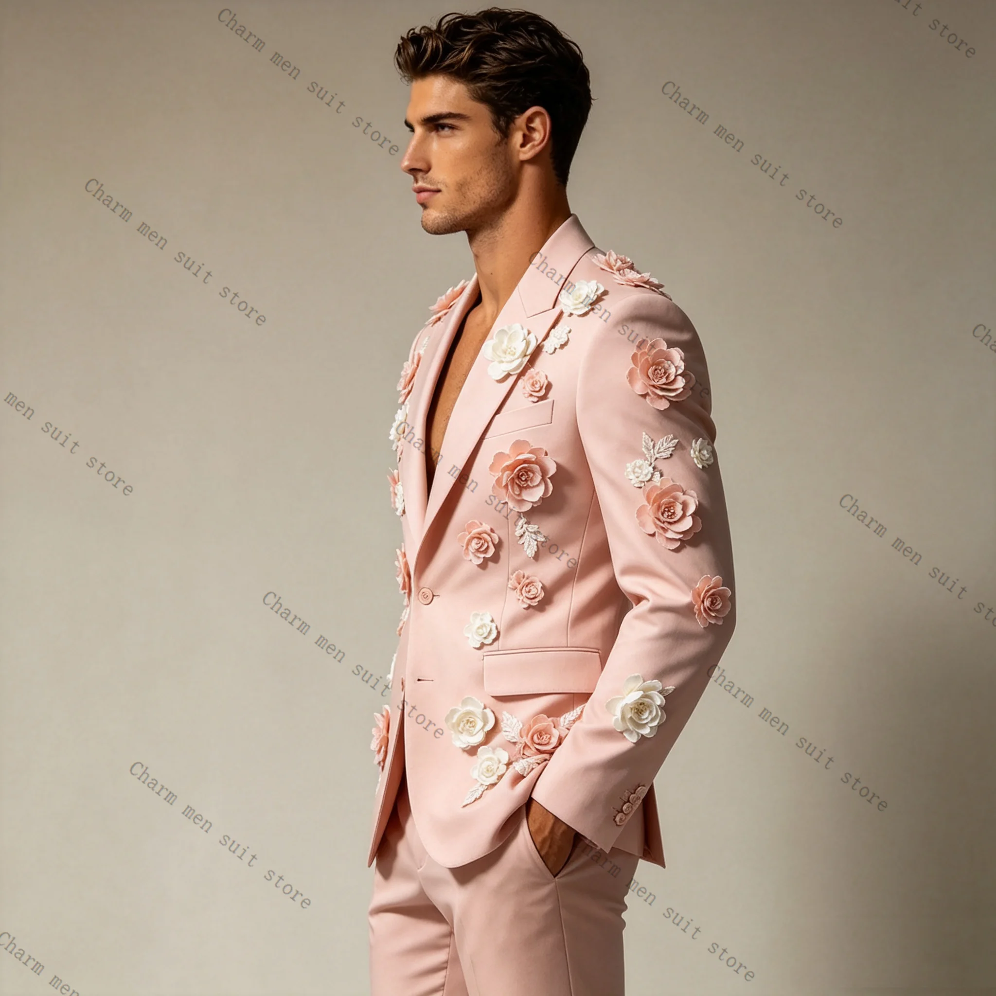 

Pink Spring Men Suits Set 2 Pcs Blazer+Cotton Pants Trousers 3D Flower Wedding Tuxedo Formal Office Business Groom Jacket Coat