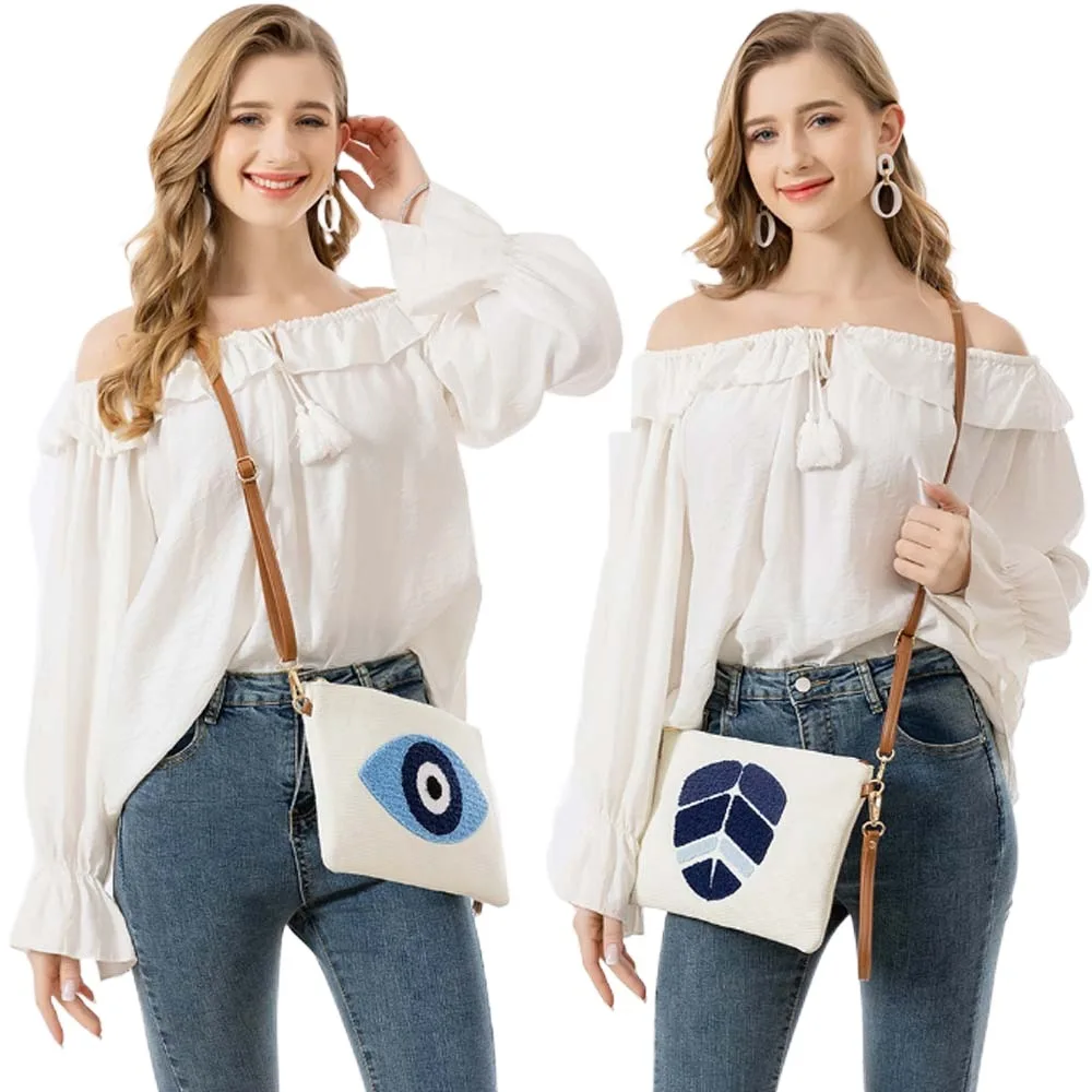 Embroidered Demon Eye Crossbody Bag Detachable Shoulder Strap PU Rope Blue Eye Handbag Palm Pattern Soft Cotton Shoulder Bag