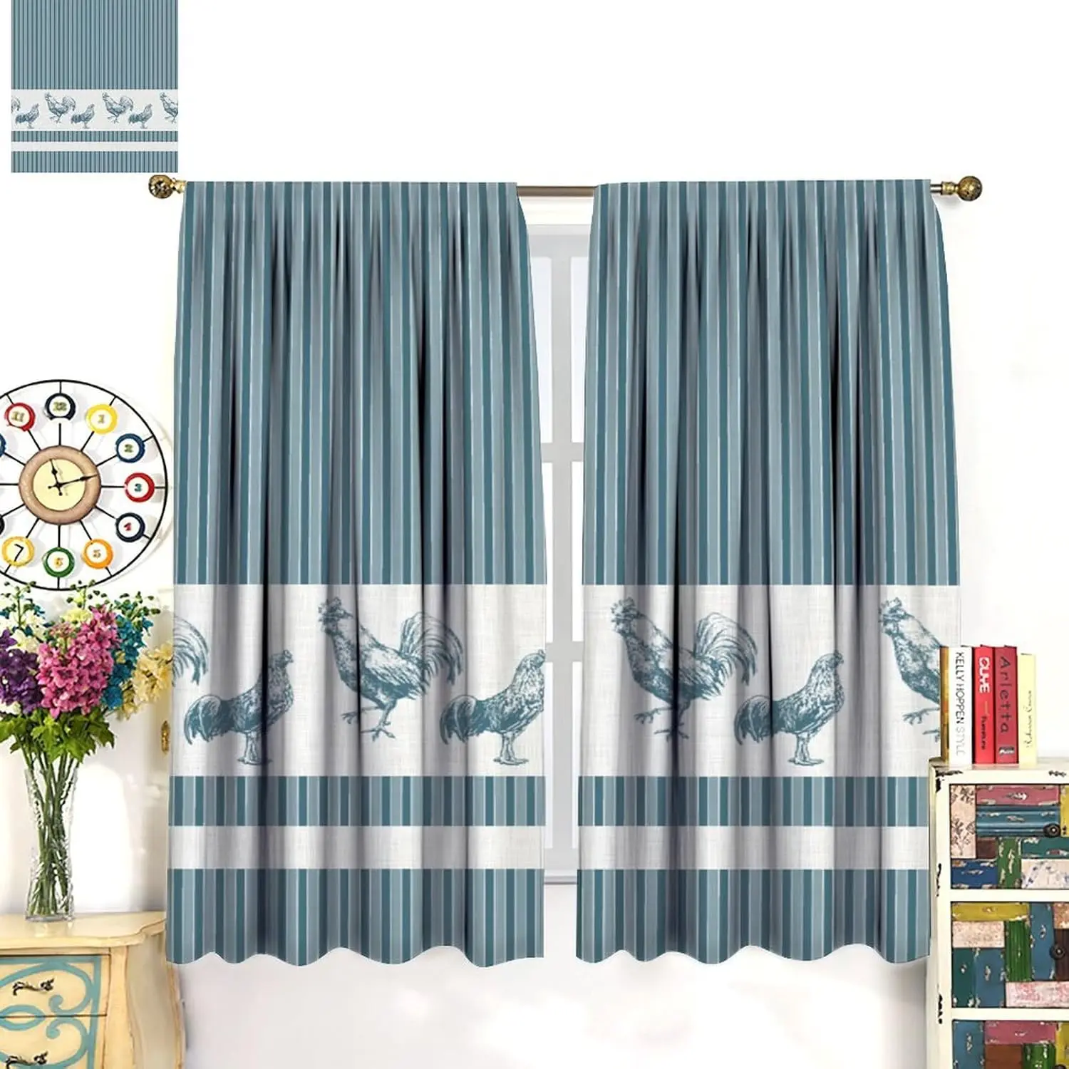 

Chicken Kitchen Curtains,Rustic Rooster Pattern Stripe Modern Concise Design Window Treatments for Café Kitchen Rod Pocket Home