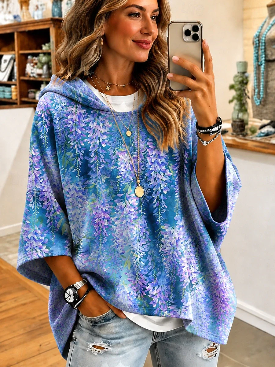 New Women's Pullover Hoodie Sweatshirt Print Floral Graphic Casual 3/4 Length Sleeve Hooded Regular Tops Casual Street Dailywear