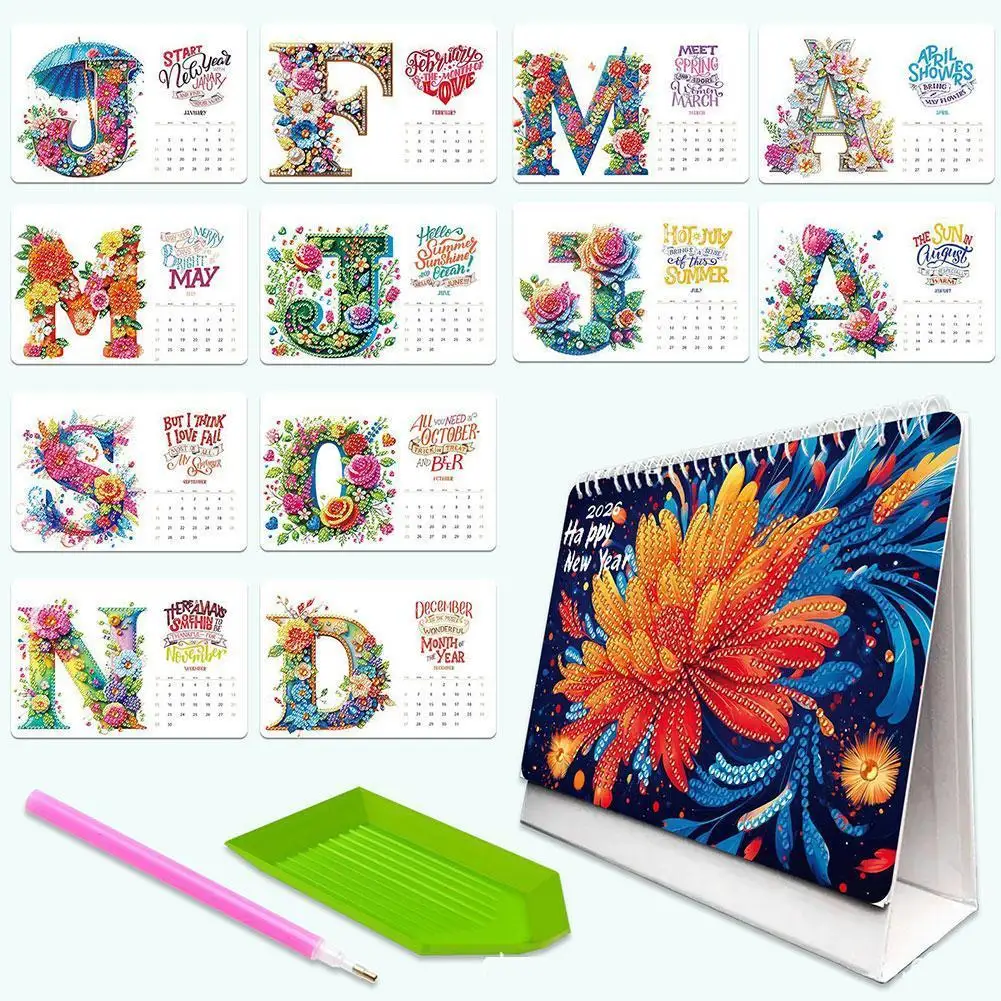 

2026 Calendar Flowers Diamond Art Handicraft Desktop Calendar DIY Diamond Painting Art Kit For Living Room Bedroom Office Desk