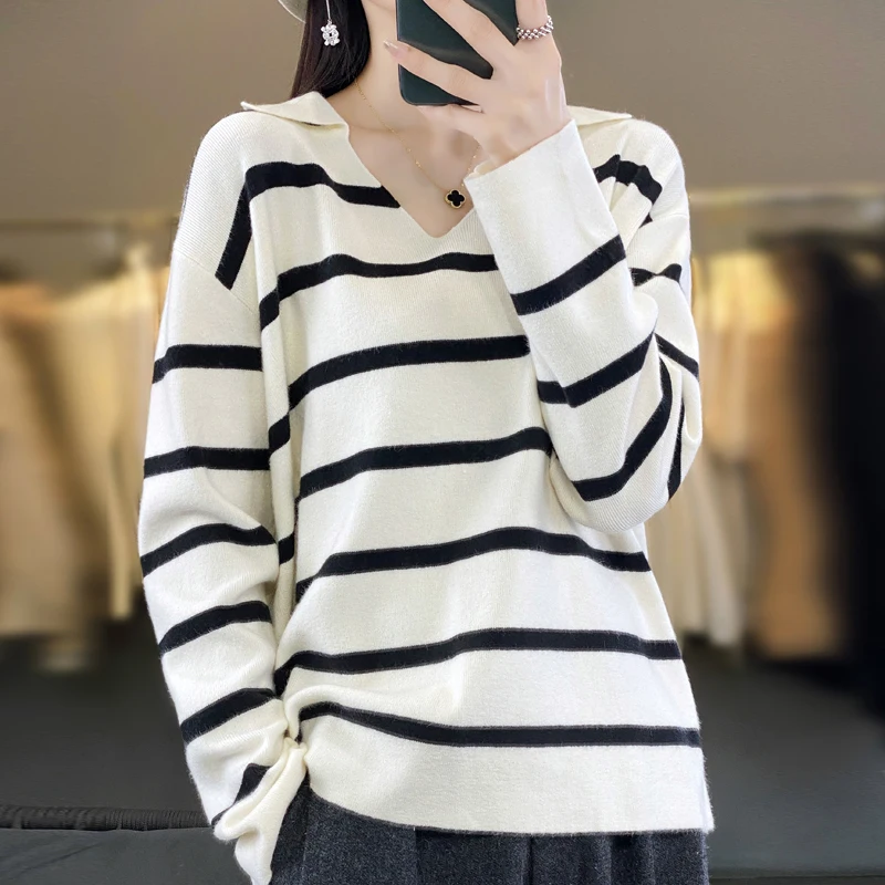 Polo lapel wool sweater women's fashion new fall/winter striped sweater loose bottom knit undershirt