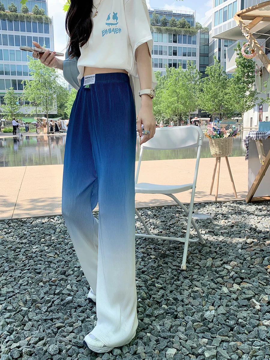 

Thin Gradient Color Block Pantalon Pants Summer Soft Pleated Chiffon Casual Streetwear Leisure Chic Ins Ulzzang Harajuku Trouser