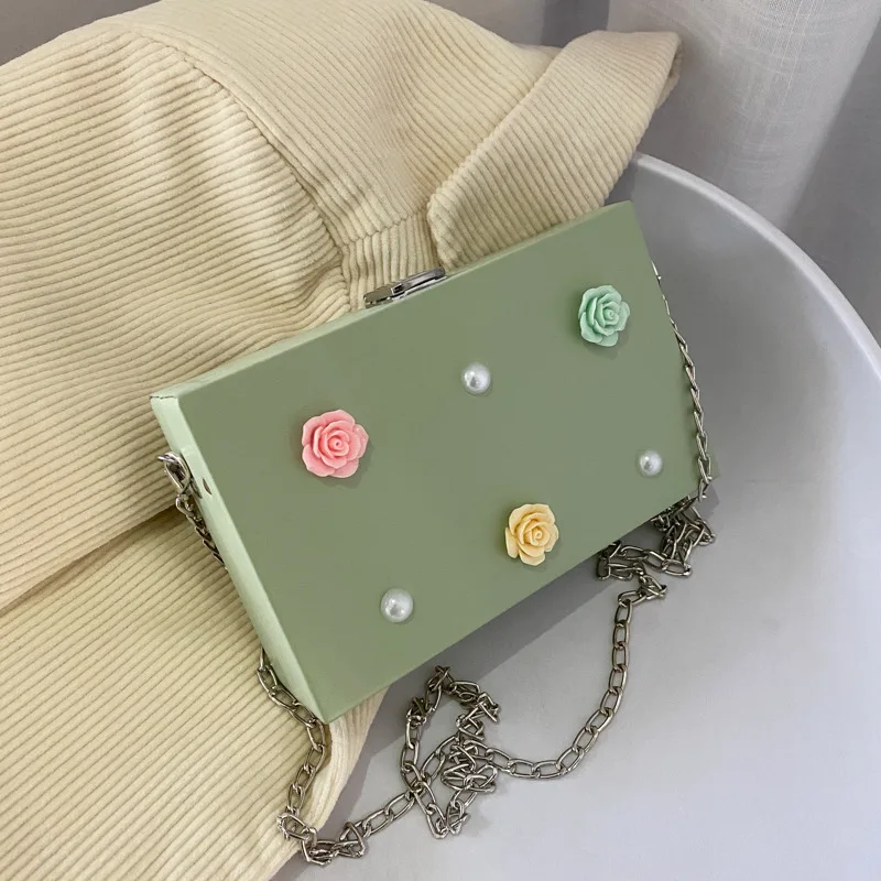 New Korean Version of The Heart-shaped Pearl Stereo Flower Box Bag Chain Diagonal Small Square Bag Candy Color Designer Handbag