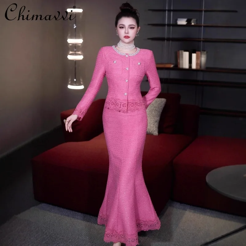 

Heavy Tweed Lace Patchwork Long Sleeve Short Coat Mermaid Skirt Set 2026 Spring Autumn New Women's Elegant Two-Piece Set