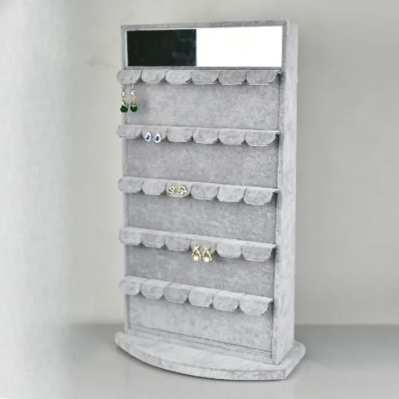 Rotating Earring Display Stand with Mirror Velvet Jewelry Showcase Holder Leather Earrings Storage Shelf Jewelry Display Rack