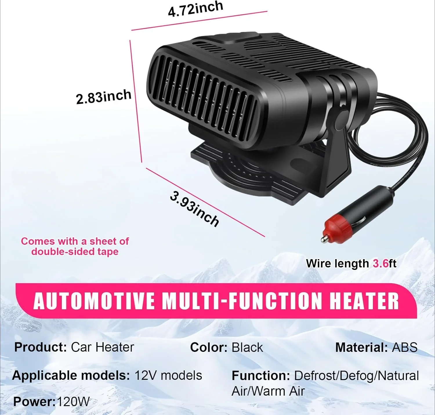 Car Heater Portable Auto Windshield Defogger with Plug in Cigarette Lighter Auto Dryer with 360° Rotating Base Car Accessories