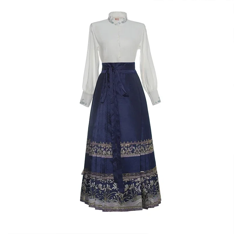 Traditionele Jurk Hanfu Geborduurd Blauw Paard-Gezicht Rok Lange Mouw Opstaande Kraag Shirt Chinese Kostuum