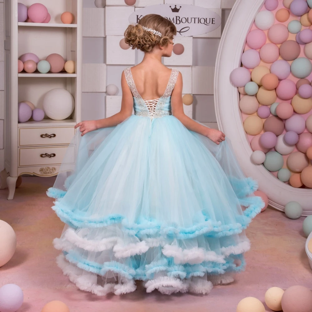 Lorencia Elegant Blue Flower Girl Dress For Wedding Princess Tulle Ruffles Beaded Ball Gown Pageany First Communion Gown YFD51