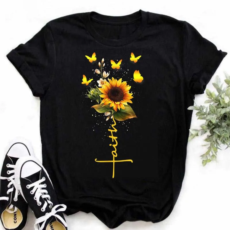 Fashion Butterfly Sunflower Graphic Print Women T-shirt Summer Casual Short Sleeve Female Tops 90s Streetwear Women Clothing