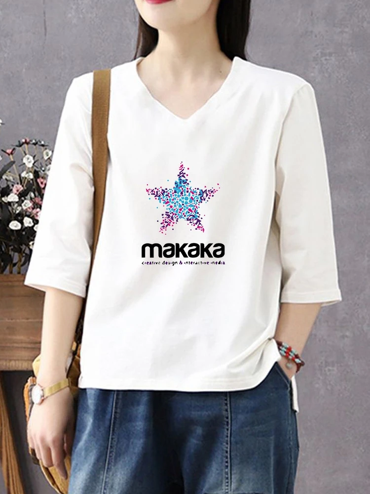 Women's Cotton T-shirt 3/4 Sleeve Conceal Belly Slimming plus Size Mid-Sleeve Base Shirt Spring Autumn Korean Style round Nec...