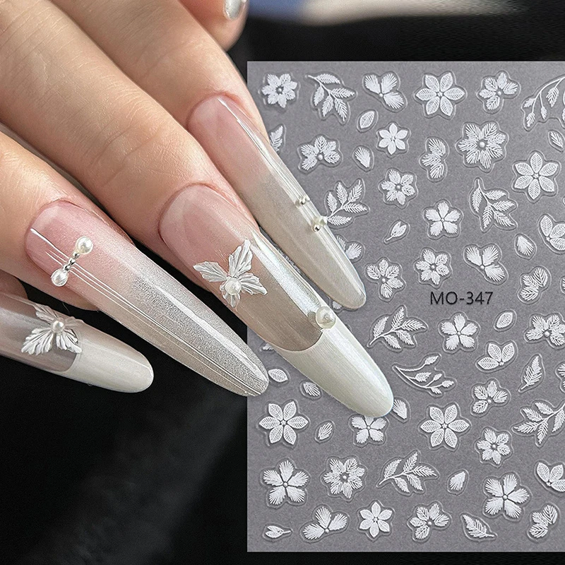 3D Embroidery Flower Nail Art Stickers White Pink Yellow Exquisite Chinese Style Adhesive Stickers Nail Art Decoration DIY Salon