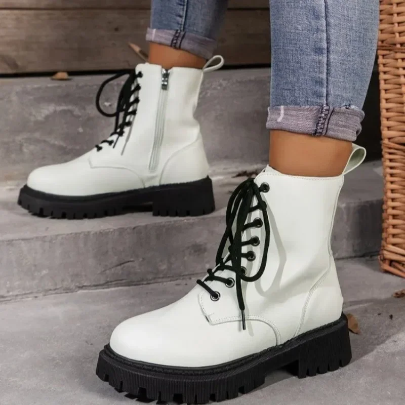 Ladies Shoes on Sale 2023 Fashion Lace Up Women's Boots Winter Round Toe Solid Short Barrel Square Root Large Size Boots Zapatos